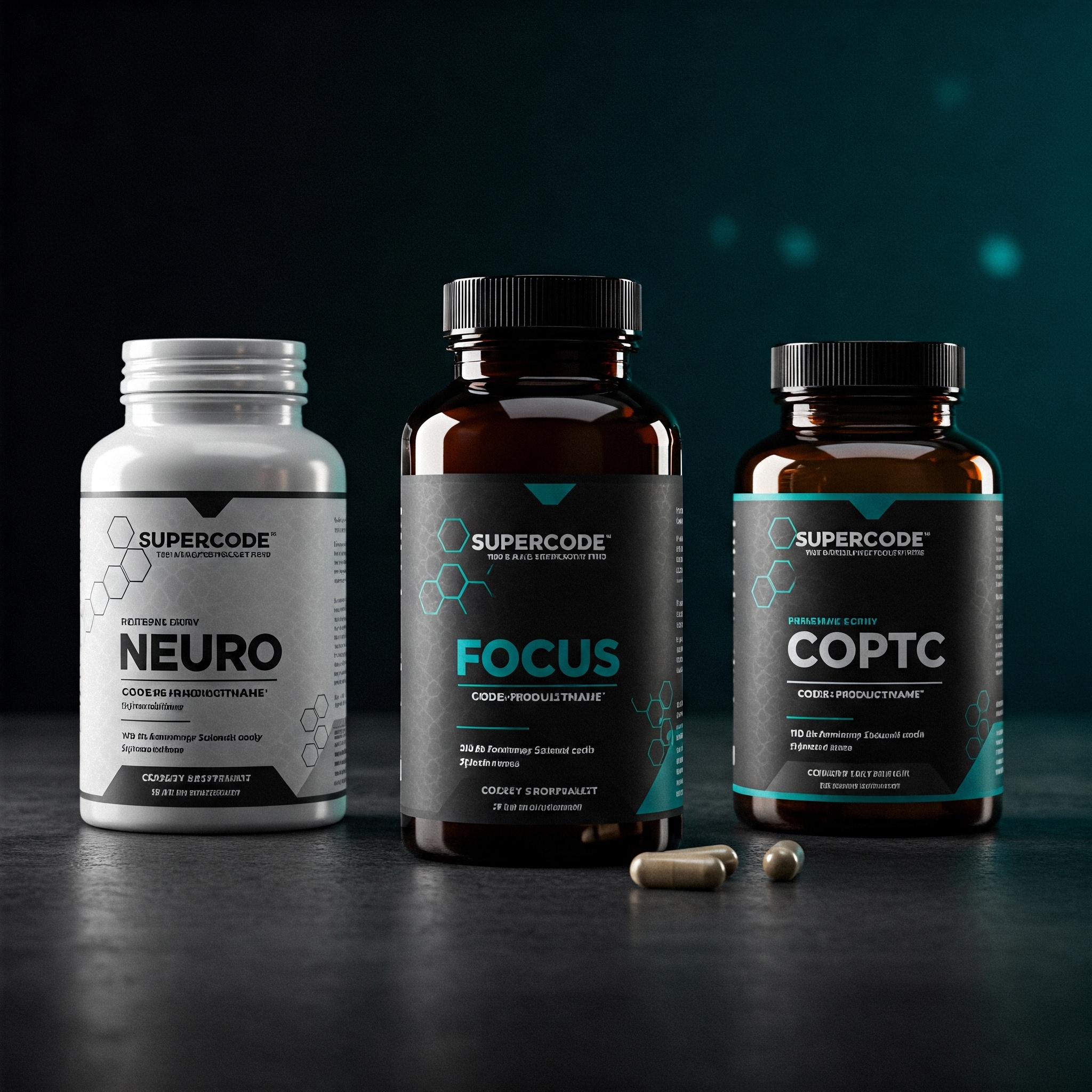 SUPERCODE Performance Trio: CODE:NEURO, CODE:FOCUS, und CODE:OPTC Produkte zusammen dargestellt.