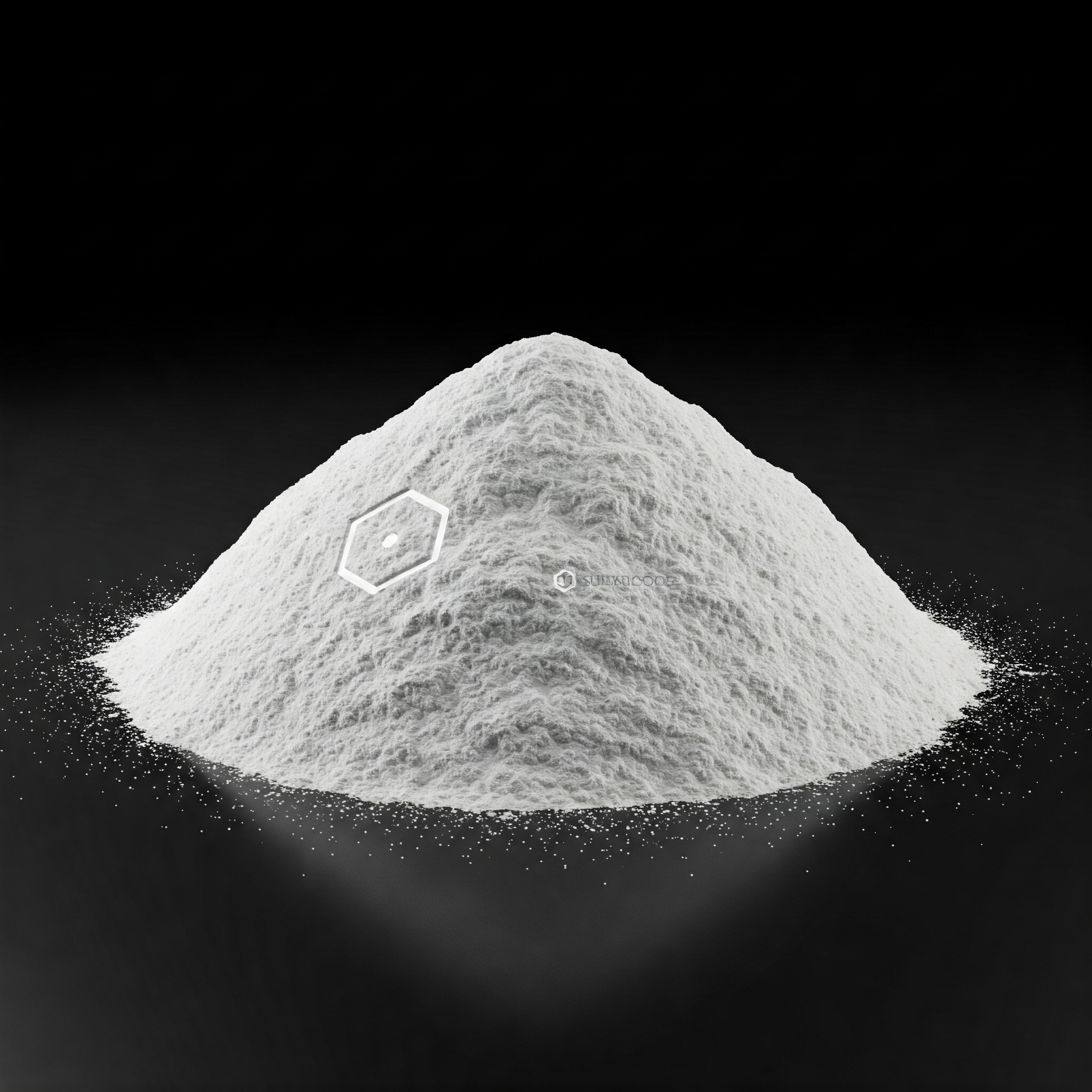 Nahaufnahme von reinem, weißen, kristallinen Pulver auf dunklem Hintergrund, das Reinheit und Qualität symbolisiert.