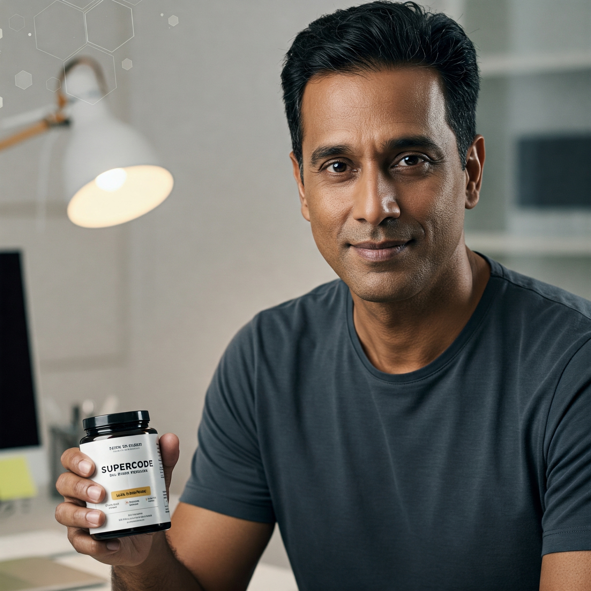 Authentisches Porträt von Jonas K., der positiv über SUPERCODE spricht und ein Produkt hält.