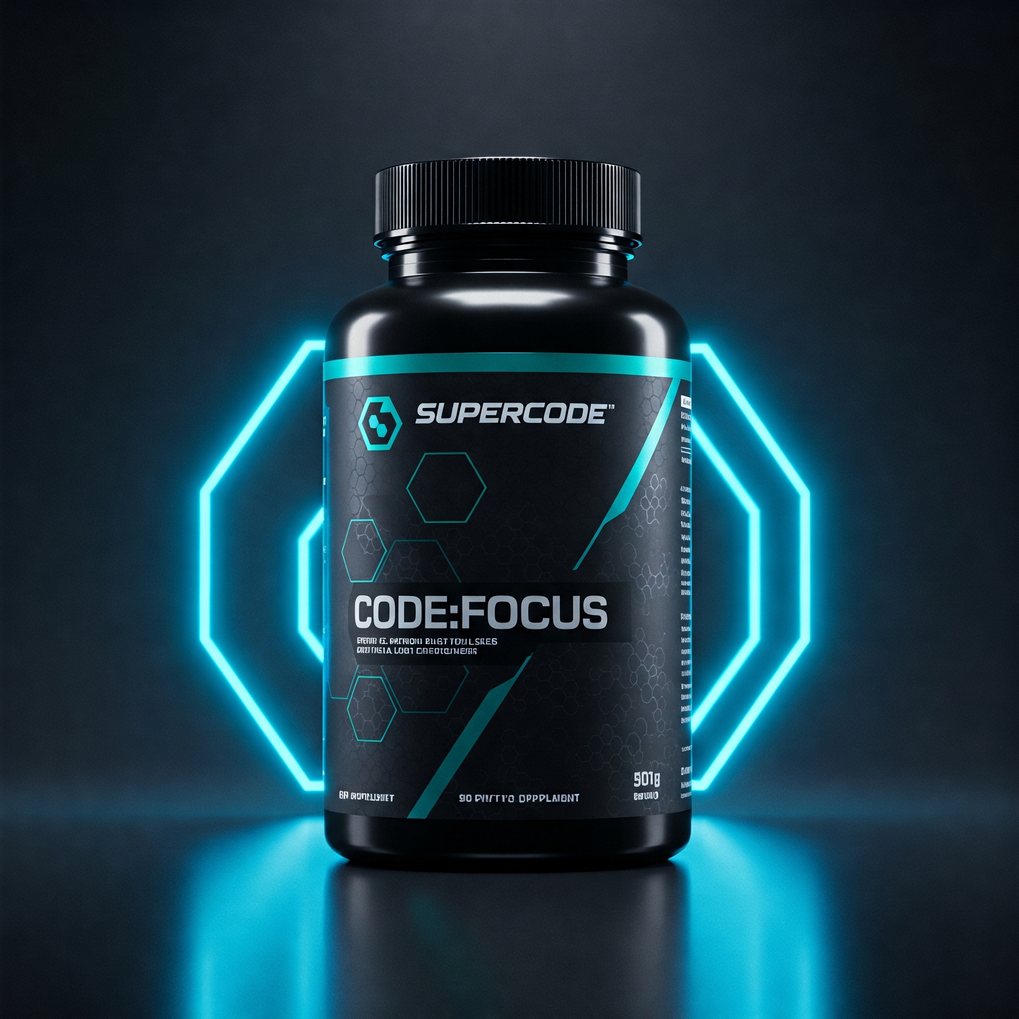 Sleek matte black supplement bottle for CODE:FOKUS. Background is dark, moody grey with an abstract, soft blue light beam or focused geometric pattern suggesting mental clarity.