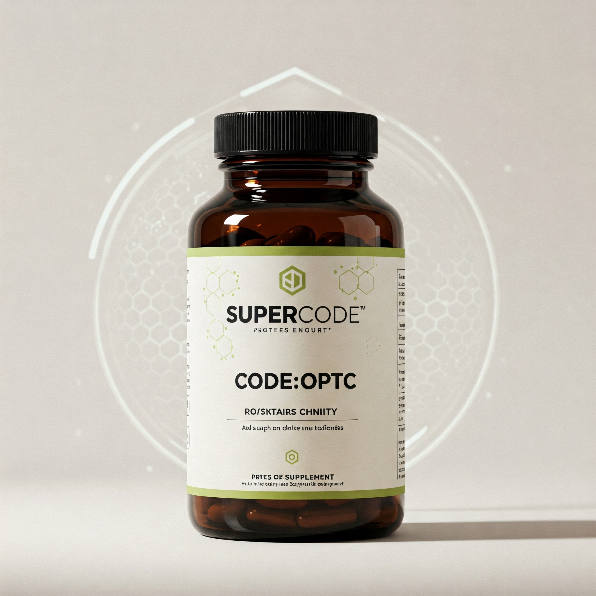 Premium amber glass supplement bottle for CODE:OPTC. Background is neutral off-white, with a soft, out-of-focus representation of a protective light filter.