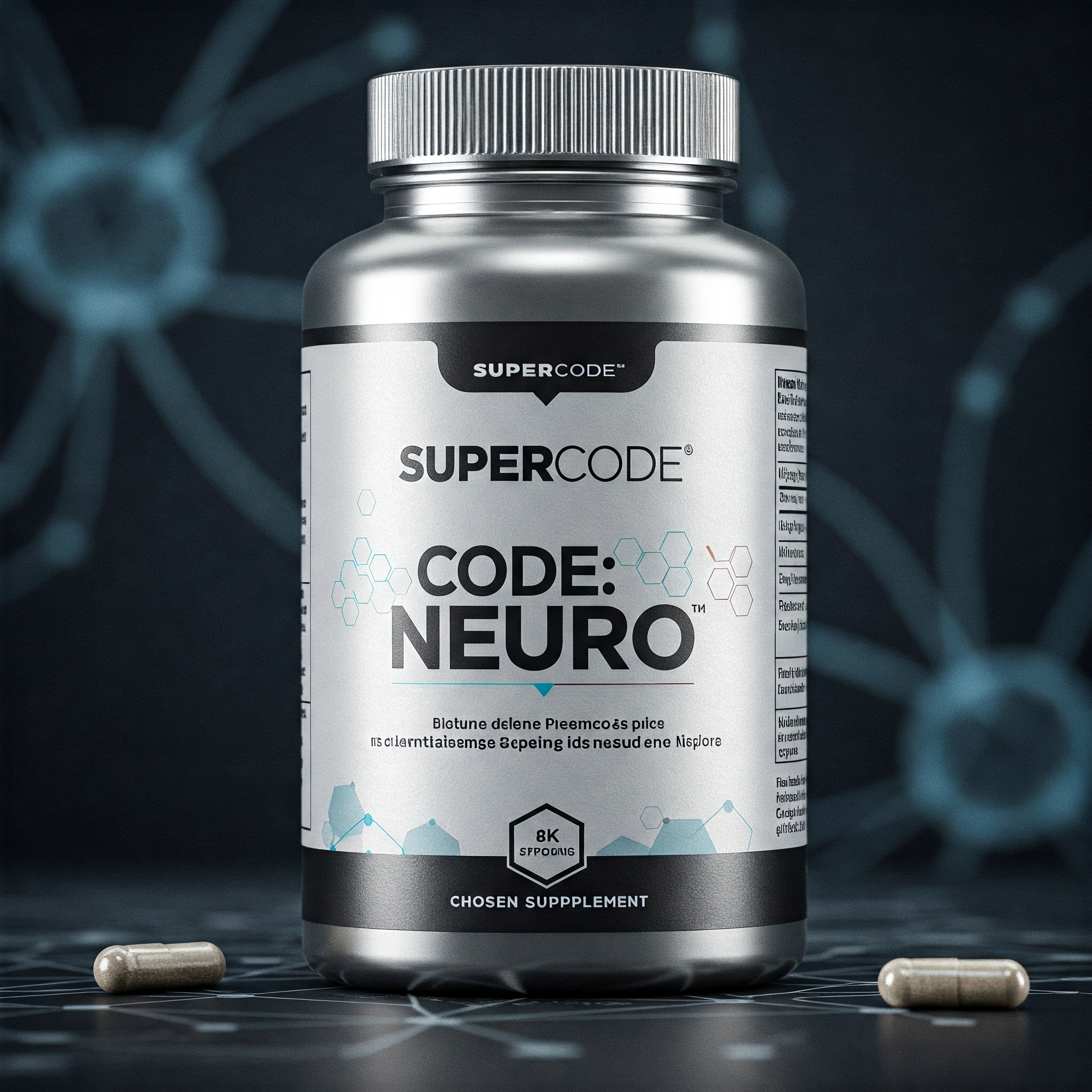 Sophisticated matte silver or gunmetal supplement bottle for CODE:NEURO. Background features a subtle, intricate pattern of interconnected hexagonal nodes, suggesting a complex neural network or foundational brain and systemic support.