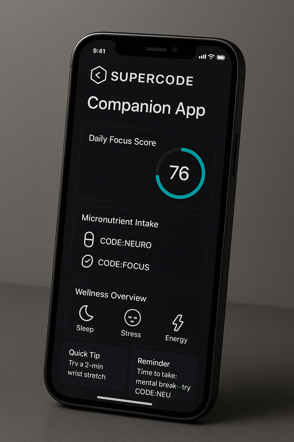 Mockup einer Smartphone-App-Oberfläche mit SUPERCODE-Branding, die personalisierte Gesundheitsdaten und Übungen anzeigt.